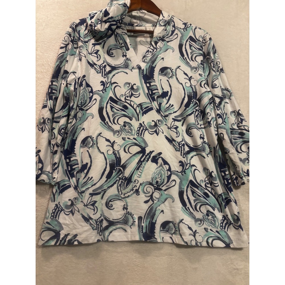 Weekends by Chicos Blue Teal Paisley Hooded Tunic Top V-Neck 3/4 Sleeve Size 2 L